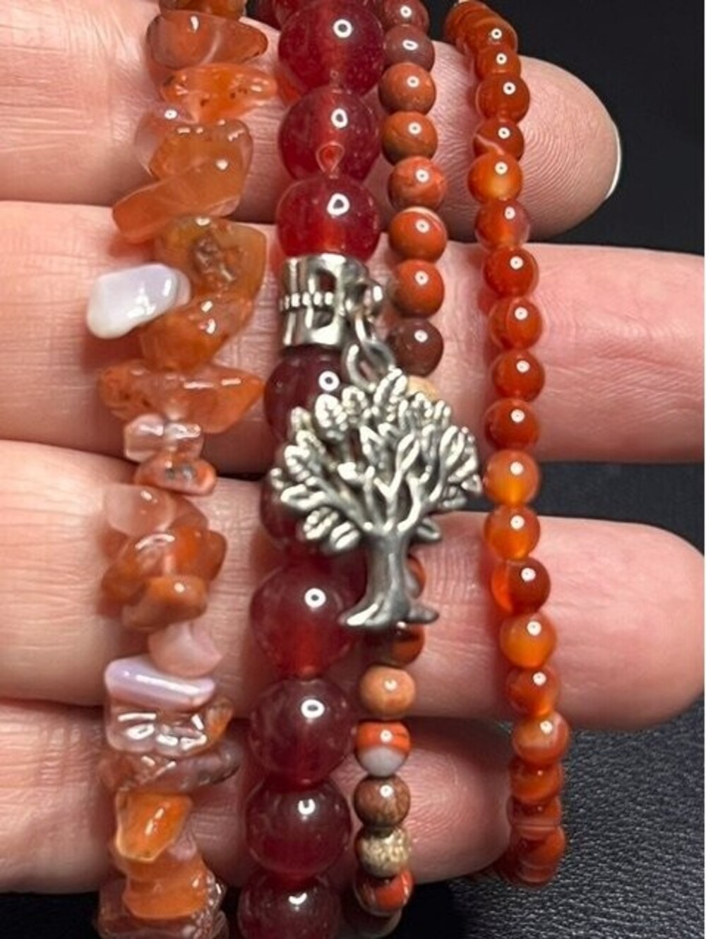B6713 4pc Carnelian Jasper Stone Beaded Bracelet Set Stack Tree of Life Charm